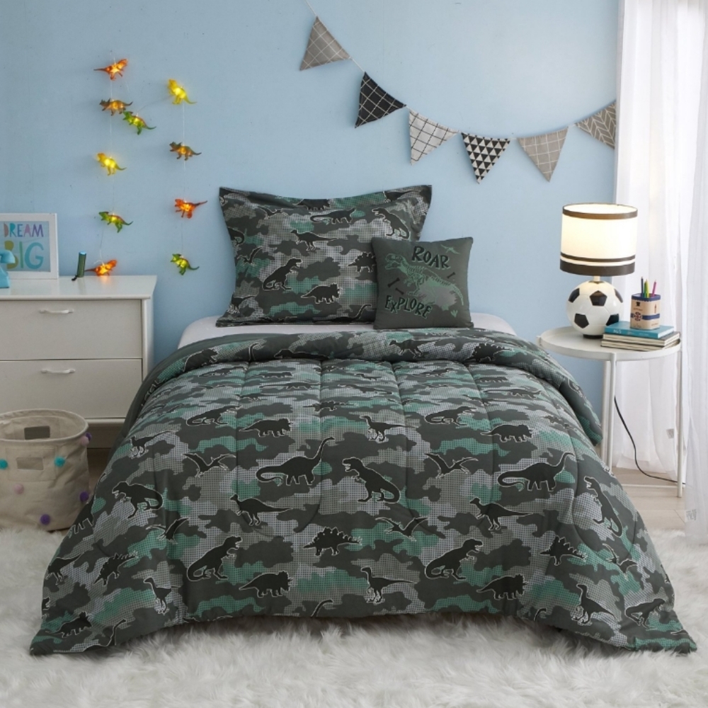 5Pc Dinosaur Glow in the Dark Comforter Set Bedding w/String Lights Blanket Camo